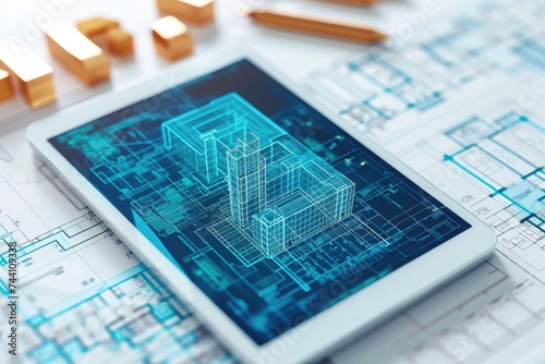 A tablet computer is seen resting on top of a table covered in blueprints, Close-up of a digital tablet displaying building information modeling (BIM) software, AI Generated