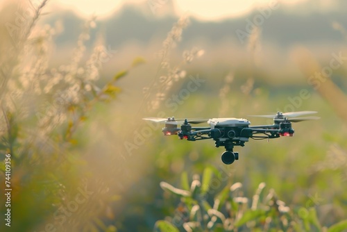 A black and white remote controlled aircraft flies over a vast field, Close-up of a nano-drone in flight, AI Generated