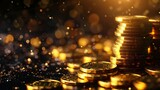 Golden coins money with bokeh background, business and finance concept