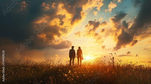 Couple in love walking on the meadow at sunset. Concept of love