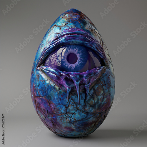 CREATE AN EGG, MEDIEVAL EGG, BLUE AND PURPLE EGG, WITH A BIG EYE ON THE FRONT, FANTASY STYLE, DESIGN STYLE HYPERREAL STYLE