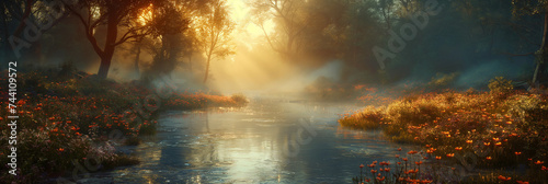 spring landscape with river and trees at sunrise