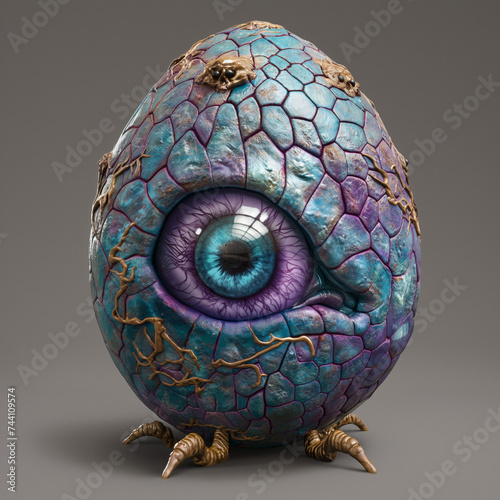CREATE AN EGG, MEDIEVAL EGG, BLUE AND PURPLE EGG, WITH A BIG EYE ON THE FRONT, FANTASY STYLE, DESIGN STYLE HYPERREAL STYLE