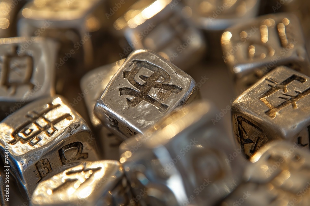 This photo showcases a close-up view of a collection of metal dice, capturing the intricate details and textures of the dice, Close-up of silver dreidels with Hebrew letters, AI Generated This photo showcases a close-up view of a collection of metal dice, capturing the intricate details and textures of the dice, Close-up of silver dreidels with Hebrew letters, AI Generated
