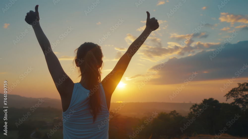 a person from behind, raising their arms with thumbs up towards the sky as the sun sets or rises, embodying a sense of accomplishment and positivity. a person from behind, raising their arms with thumbs up towards the sky as the sun sets or rises, embodying a sense of accomplishment and positivity.
