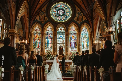 A bride and groom stand together at the alter of a church, taking part in their wedding ceremony, Classic church wedding with grand stained glass windows, AI Generated photo