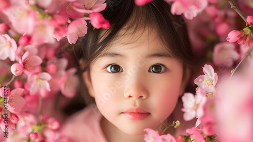 springtime studio portrait of young Asian girl with flowers