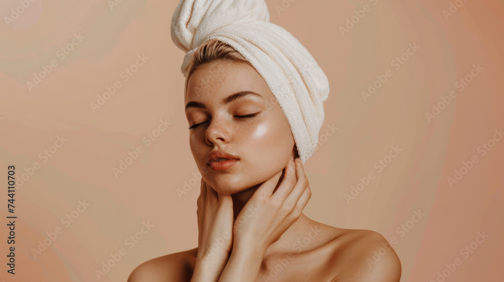 Fototapeta premium young woman with a towel wrapped around her head is touching her face gently with closed eyes, giving off a sense of tranquility and self-care.
