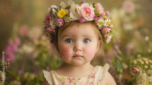 springtime studio portrait of baby girl with flowers