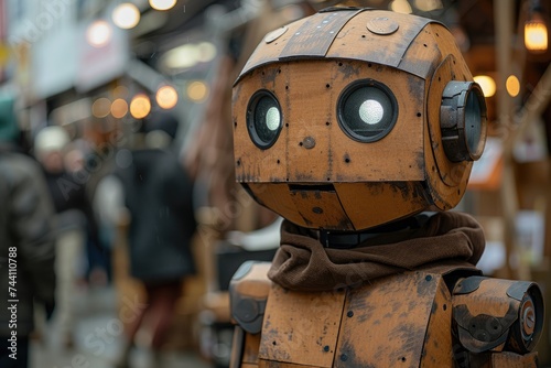 A cartoon automaton with a brown face stands proudly amidst a bustling street, towering over the surrounding buildings as it embraces the beauty of the outdoor world