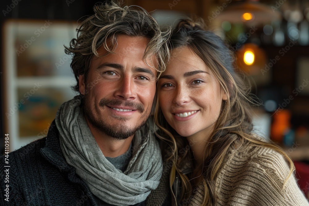 A stylish couple beaming with joy, their faces adorned with warm scarves and the man's fashionable beard, capturing a moment of love and laughter in the cozy indoors of winter