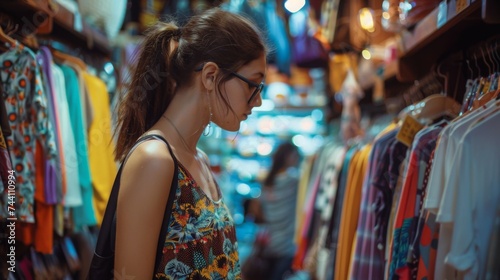 Young woman browsing through colorful clothing at a boutique, examining a floral dress, evoking a sense of style and selection  Concept of shopping, fashion, and personal choice  © JovialFox