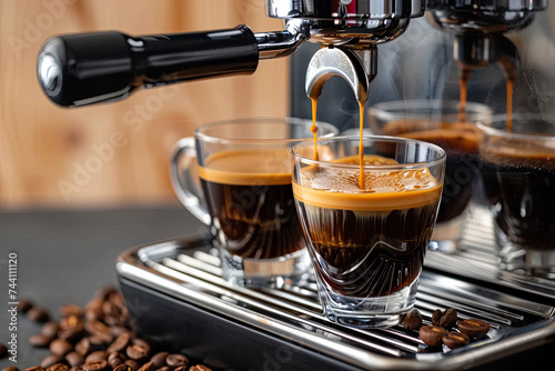 Coffee machine makes two coffee with coffee beans on background