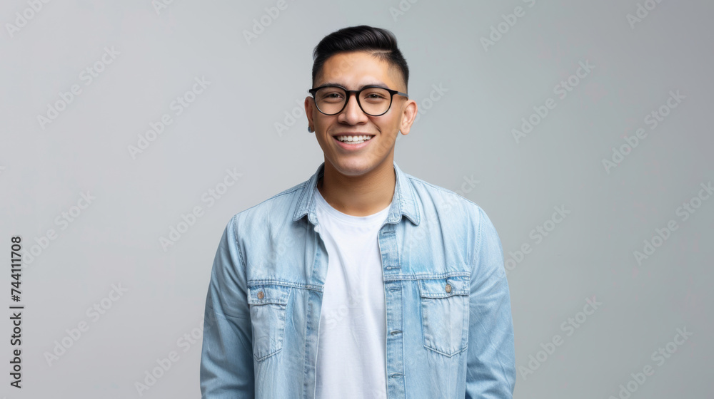 smiling man wearing glasses, a light blue denim jacket, and a white shirt, standing against a plain light background. smiling man wearing glasses, a light blue denim jacket, and a white shirt, standing against a plain light background.