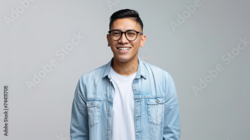 smiling man wearing glasses, a light blue denim jacket, and a white shirt, standing against a plain light background. © MP Studio