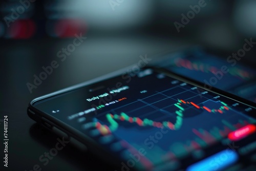 A detailed view of a cell phone placed on a table, Close-up shot of a buying/selling stocks application on a smartphone display, AI Generated