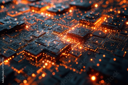 A detailed view of the intricate components and pathways of a computer circuit board, Cluster of quantum computing nodes with glowing edges, AI Generated