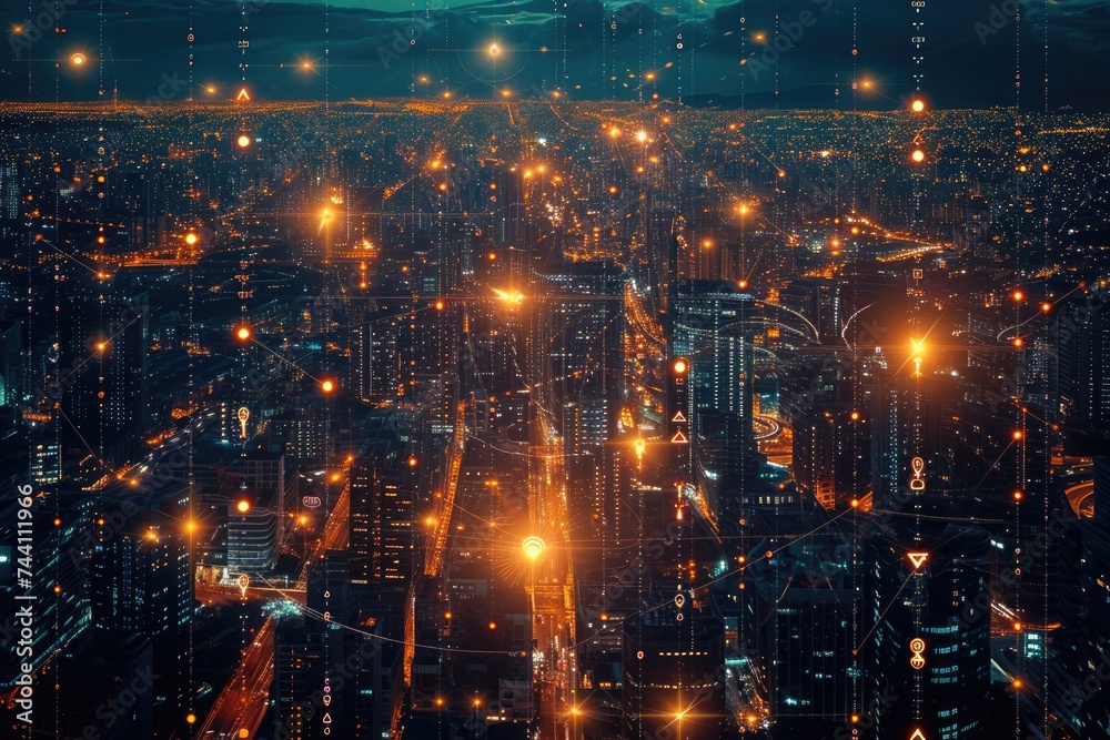 This aerial photograph captures the illuminated cityscape at night, showcasing the bustling streets and towering buildings, Complex system of smart grids distributing power in a city, AI Generated