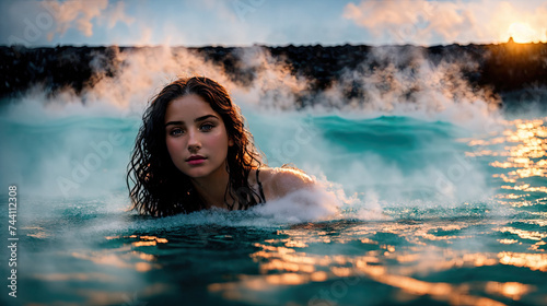 A beautiful brunette girl swims in a warm thermal spring. A European girl swims in the water in winter. Hot thermal springs. Winter landscape. Female portrait.