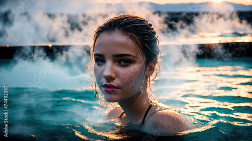 A beautiful brunette girl swims in a warm thermal spring. A European girl swims in the water in winter. Hot thermal springs. Winter landscape. Female portrait.