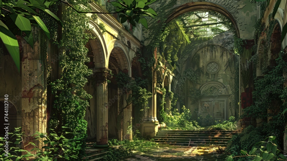 Empty old building overgrown with dense plants with sunlight. generative AI image