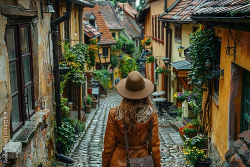 A stylishly dressed woman strolls through a charming street, adorned with vibrant plants and quaint buildings, her hat adding a touch of elegance to the outdoor scene