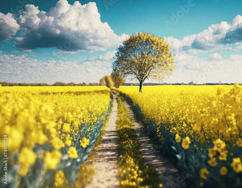 Path through flowering rapeseed field in spring, East Frisia, Lower Saxony, Germany photo