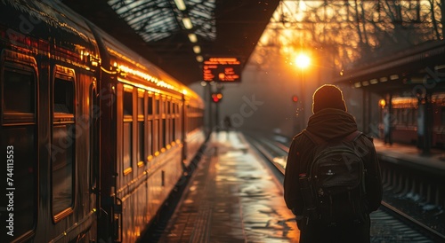 A lone figure stands under the glow of city lights, their clothing billowing in the cool night air as they wait on the platform for the rumbling train to transport them to their next destination photo