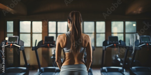 Overweight woman from behind exercising in fitness center for weight loss. Concept Fitness Routine, Weight Loss Journey, Exercise Motivation, Healthy Lifestyle, Body Transformation