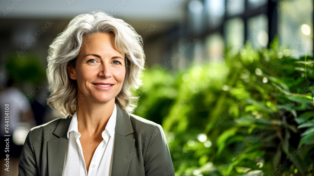 Portrait gray-haired, adult lady entrepreneur, owner of an eco-friendly business in green lush office. Concept of environmental innovation and integration corporate sustainability. Copy space, banner