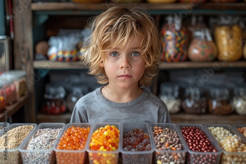 A curious young boy stands in awe at the colorful array of local fruits and natural sweets on display at the indoor marketplace, surrounded by shelves of fresh oranges and other enticing treats being © Larisa AI