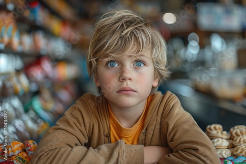 A curious toddler gazes up with bright blue eyes, surrounded by colorful clothing in a bustling store, capturing the innocence and wonder of youth in a simple portrait
