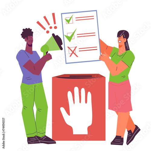 Banner design for democratic voting and election events. Civic engagement and participation in voting and election process, flat vector illustration isolated on a white background.