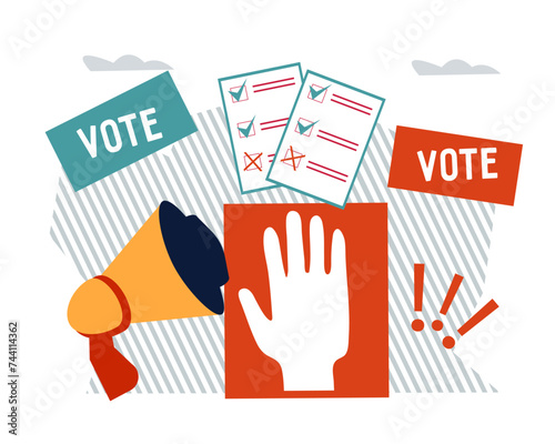Democratic voting banner or poster design, flat vector illustration isolated on white background. Elections and voting, electoral process, voting rights and social issues.