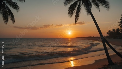 It shows the sun setting behind a sandy beach, with palm trees in the foreground. The photo shows a beautiful orange-red reflection of the sun on the water.