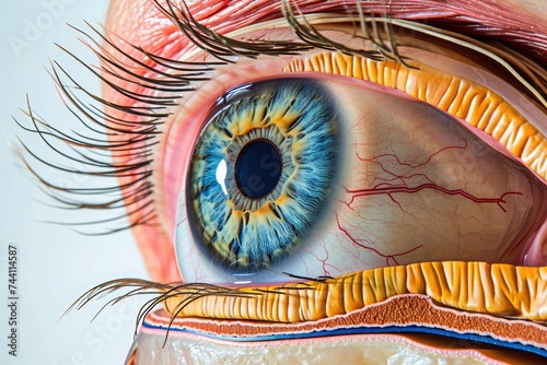 This close-up photo showcases the detailed structure of a persons eye, revealing the various components and intricate details, Cross-section view of a human eye, AI Generated