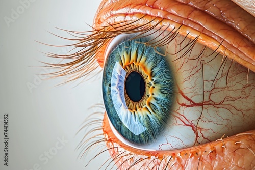 This close-up photograph captures the intricate details of a human eye, Cross-section view of a human eye, AI Generated photo
