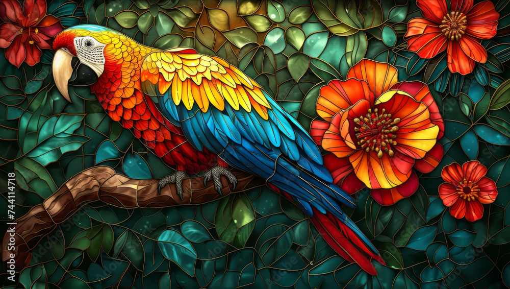 Obraz premium Stained glass window background with colorful parrot abstract.