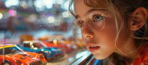A young girl gazes longingly out of her window, captivated by the passing cars and the familiar face of a woman walking by with a toy in hand photo