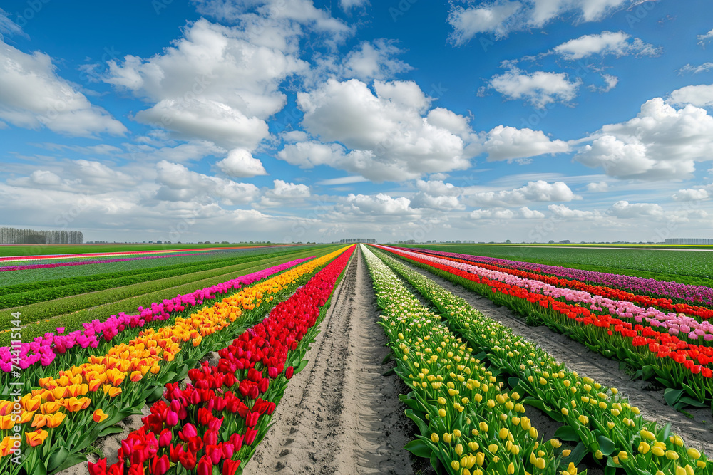 Field of colourful tulips in Holland , spring time flowers