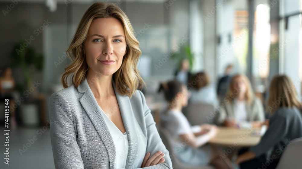 A young professional woman with blonde hair, wearing a grey blazer, is smiling subtly at the camera in a well-lit office setting. A young professional woman with blonde hair, wearing a grey blazer, is smiling subtly at the camera in a well-lit office setting.