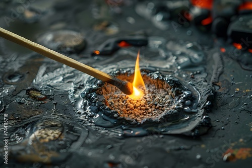 Authentic ignition shown as matchstick is lit by striking against flint. Concept Fire Starting Techniques, Ignition with Flint, Matchstick Lighting, Authentic Light Source, Pyrotechnics Display photo