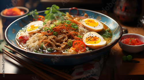 a realistic picture of a healthy bowl of ramen with a colorful background