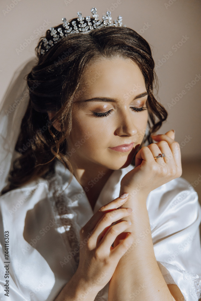 Closeup brunette bride with fashion wedding hairstyle and makeup. A youthful bride with a sophisticated bridal hairdo indoors by a window