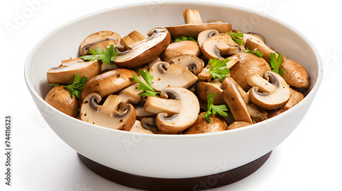 a top down view of mushrooms in a white bowl with a white background