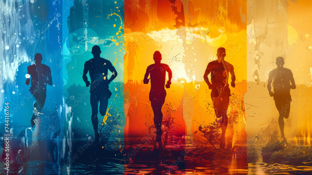 silhouette of athletes training  - obrazy, fototapety, plakaty 