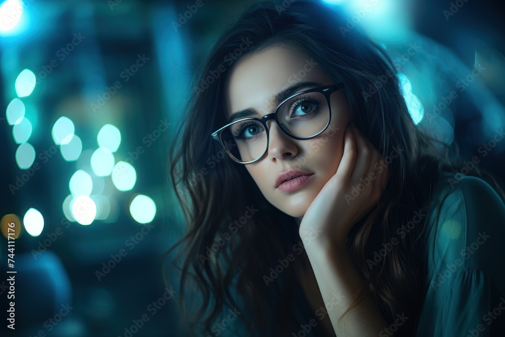 A woman with glasses, bathed in a captivating blue glow, navigates the digital realm at her computer, showcasing a perfect blend of focus and sophistication. A woman with glasses, bathed in a captivating blue glow, navigates the digital realm at her computer, showcasing a perfect blend of focus and sophistication.