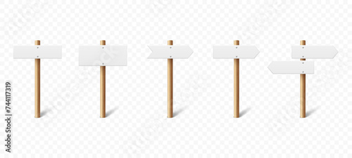 Vector 3D Wooden Sign Post Set. Realistic Blank Signboard on Road, Plywood Pointer, Timber, Wood Texture. Signpost for Pointing Direction, Isolated. Navigation Design Elements, Directional Concepts