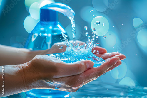 Female hands using wash hand sanitizer gel pump dispenser photo