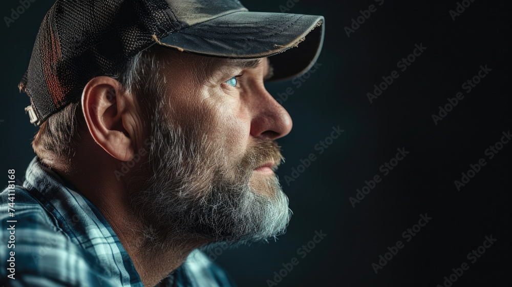 profile of an adult man with a gray beard, wearing a cap, black background profile of an adult man with a gray beard, wearing a cap, black background